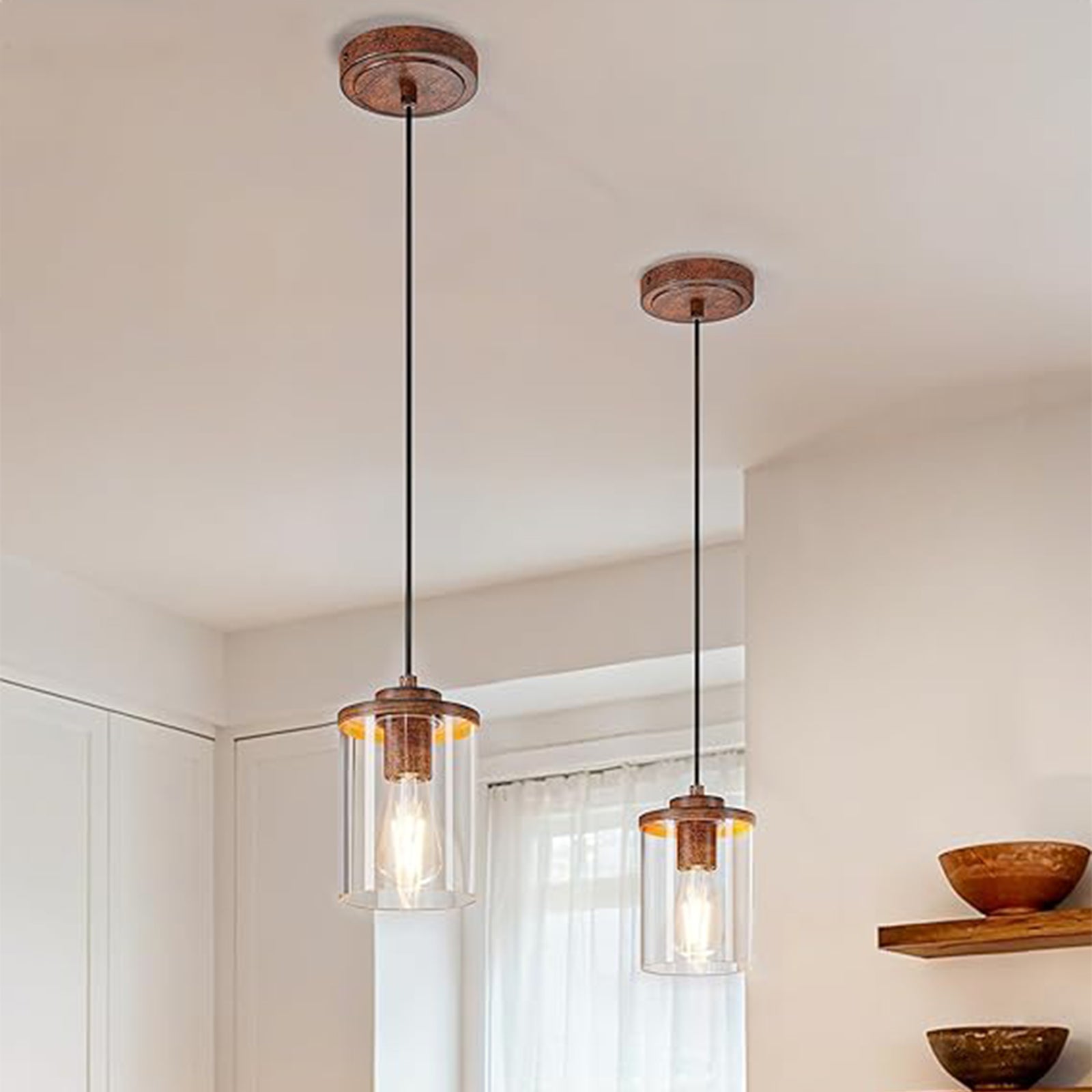 EDISHINE Modern Pendant Lights Kitchen Island, Clear Glass Shade, Farmhouse Adjustable Hanging Light with Wooden Grain Finish, E26 Base, Hardwired, for Dining, Sink, Bathroom, Hallway, Walnut, 2 Pack - HHPL23A