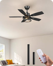 EDISHINE 42" Farmhouse Ceiling Fans with Lights and Remote, 10%-100% Dimmable, 6 Speeds, 5 Wood Blades, Reversible DC Motor, Timer, Quiet, Rustic Caged Fandelier Ceiling Fan for Bedroom Living Room