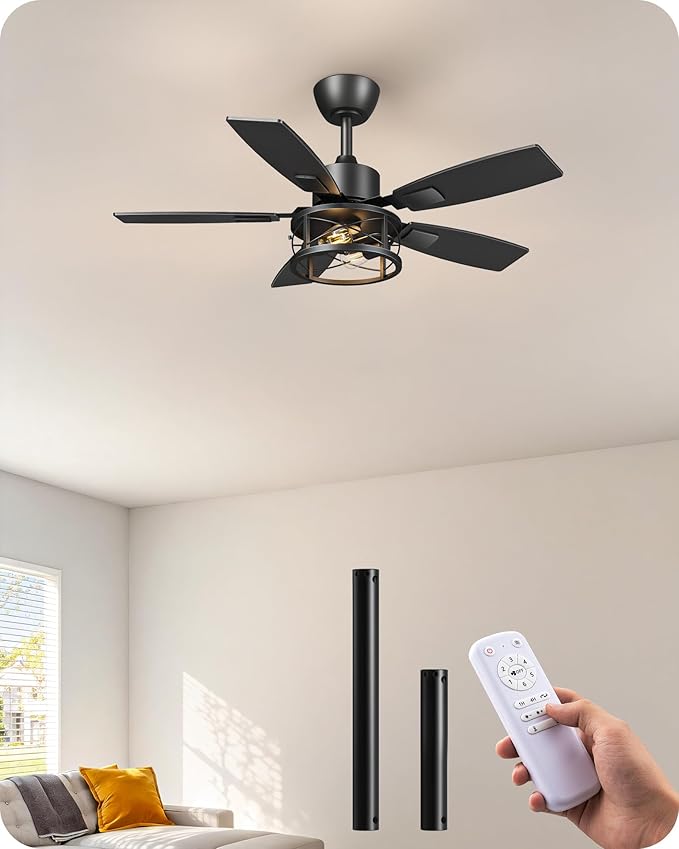 EDISHINE 42" Farmhouse Ceiling Fans with Lights and Remote, 10%-100% Dimmable, 6 Speeds, 5 Wood Blades, Reversible DC Motor, Timer, Quiet, Rustic Caged Fandelier Ceiling Fan for Bedroom Living Room