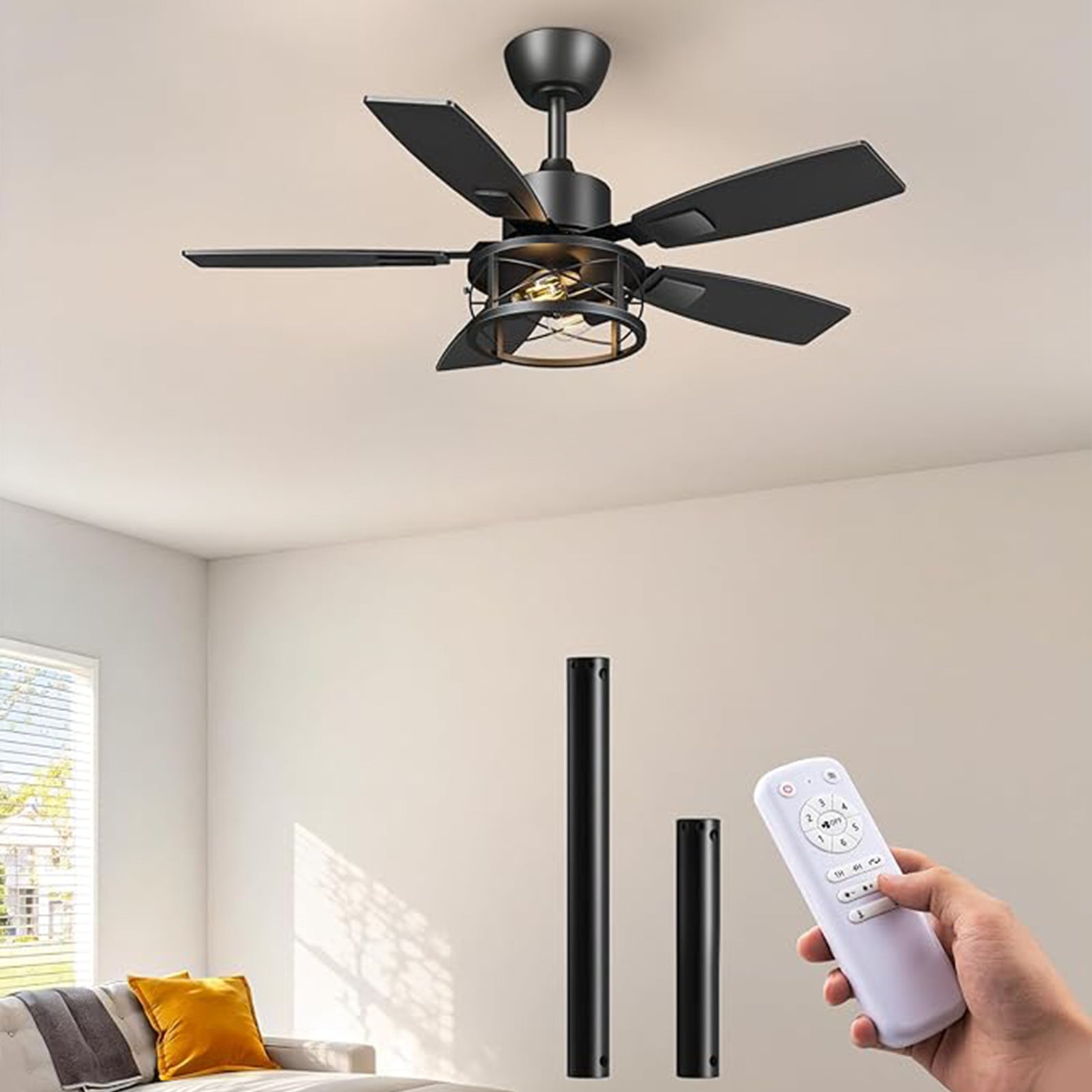 42" Farmhouse Ceiling Fans with Lights and Remote, 10%-100% Dimmable, 6 Speeds, 5 Wood Blades, Reversible DC Motor, Timer, Quiet, Rustic Caged Fandelier Ceiling Fan for Bedroom Living Room