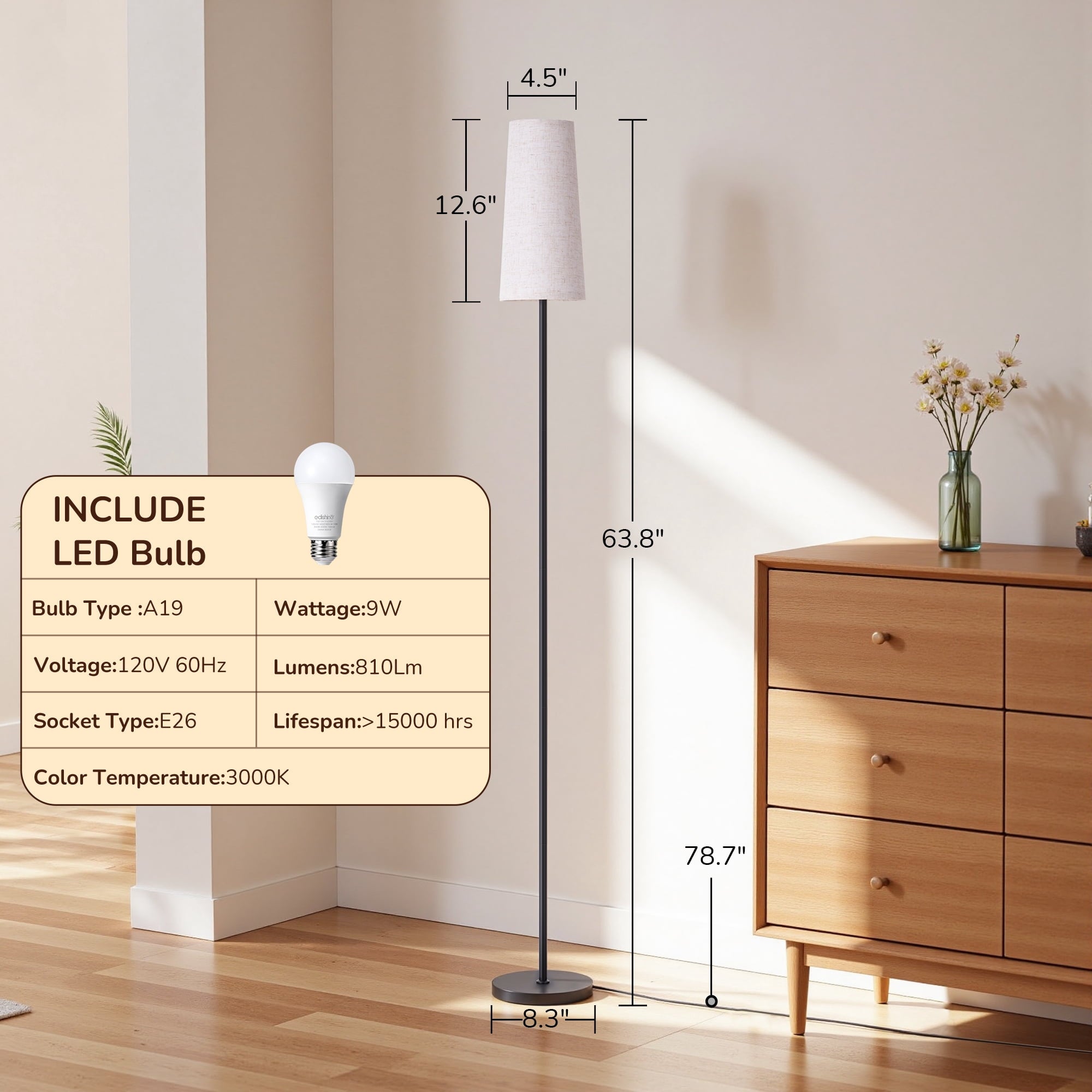 EDISHINE 65in Floor Lamps for Living Room, Standing Tall Standing Light, LED Bulb Included