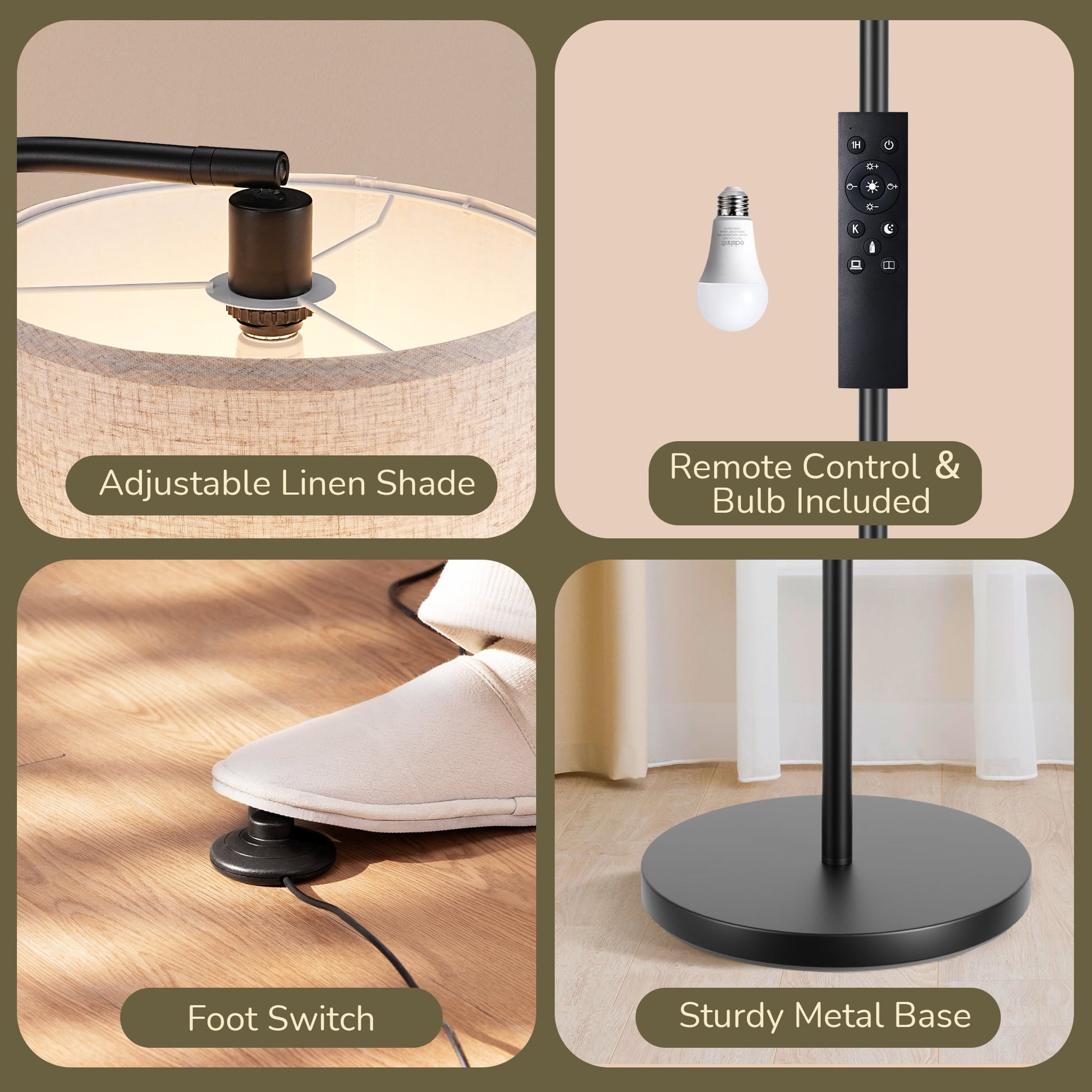 EDISHINE 63.4" Arc Floor Lamps for Living Room Clearance, with Remote, Metal Tall Standing Arched Floor Lamp with Adjustable Lamp Shade for Bedroom, Office, Read Lighting, LED Bulb Included, Black