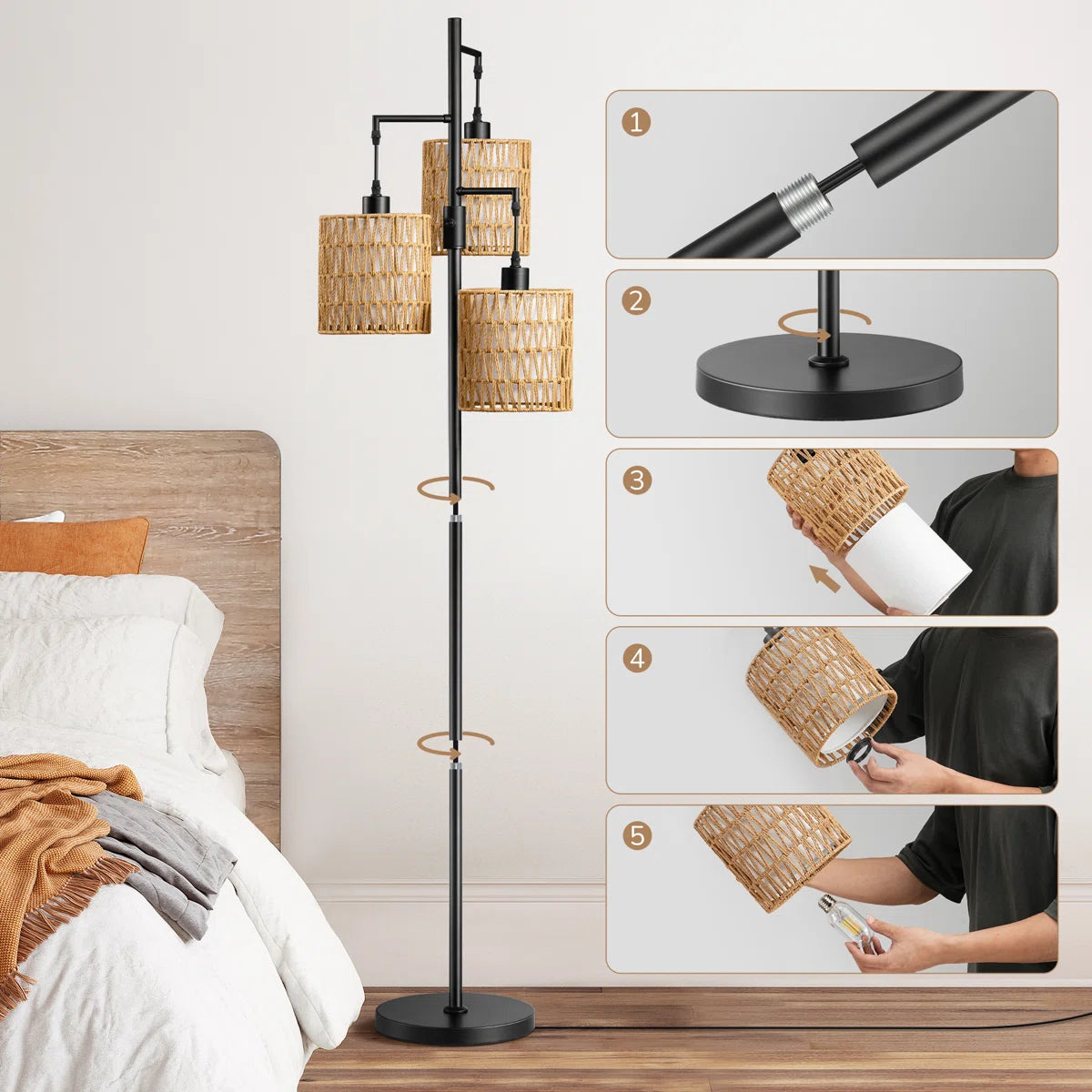 EDISHINE | 65" Rattan Tree Floor Lamp with Dimmer Switch & Dual Shades