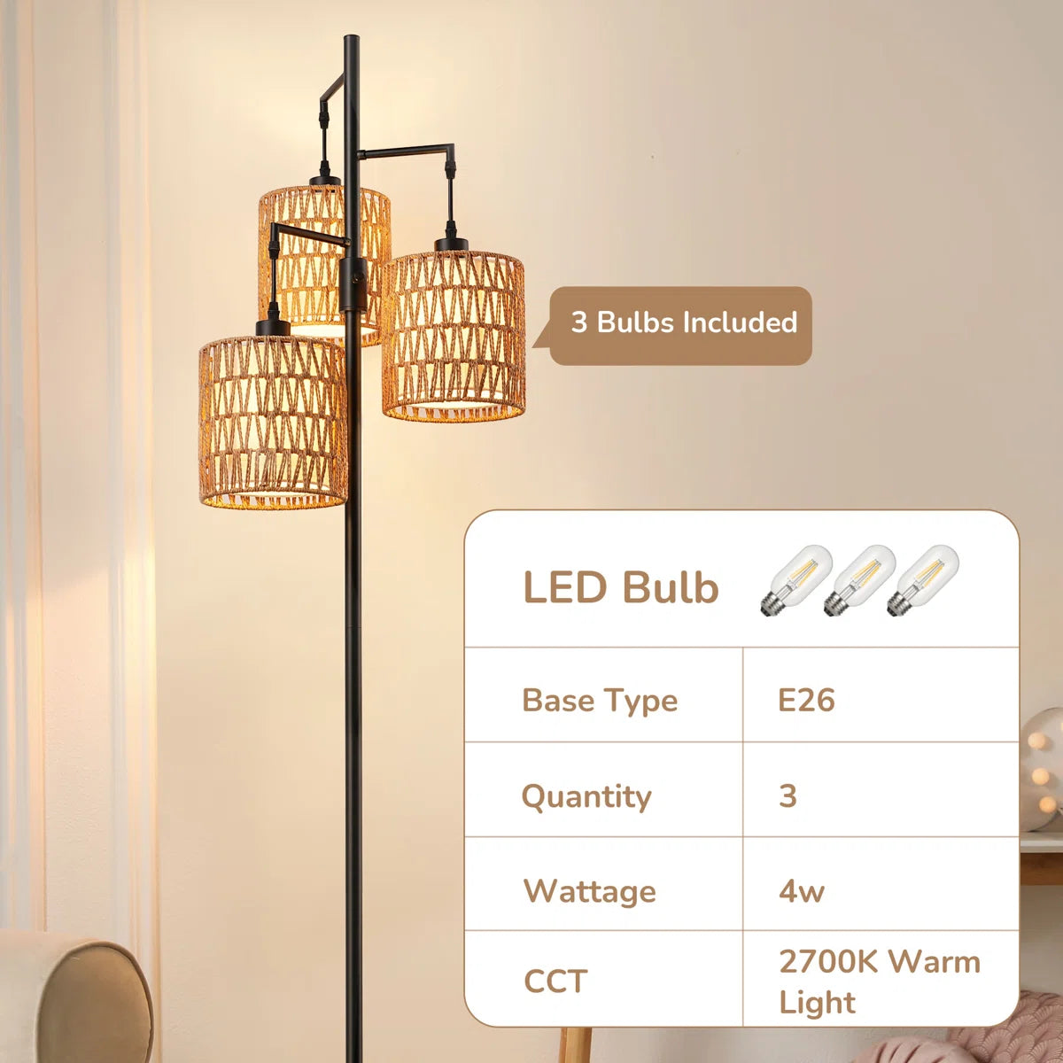 EDISHINE | 65" Rattan Tree Floor Lamp with Dimmer Switch & Dual Shades
