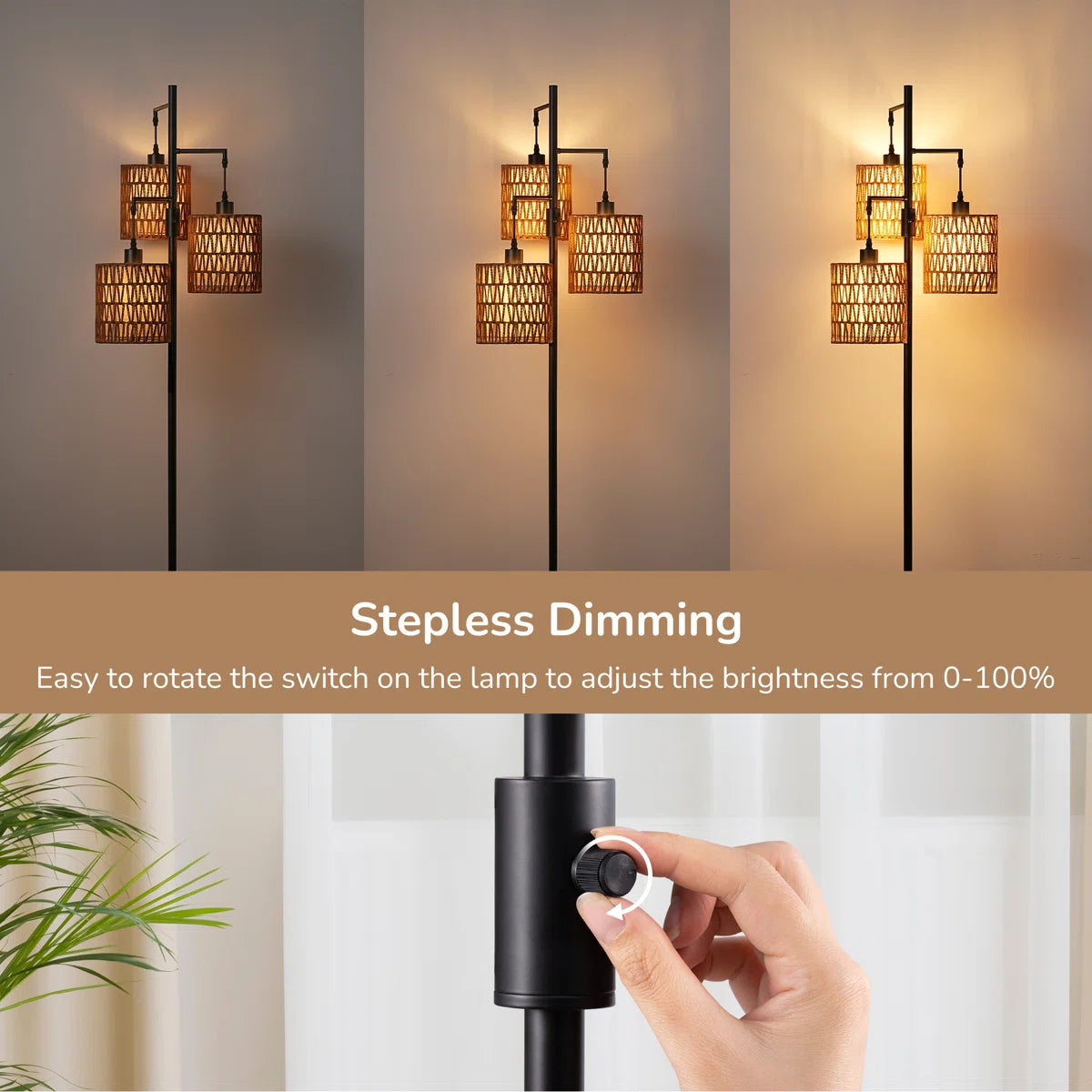 EDISHINE | 65" Rattan Tree Floor Lamp with Dimmer Switch & Dual Shades