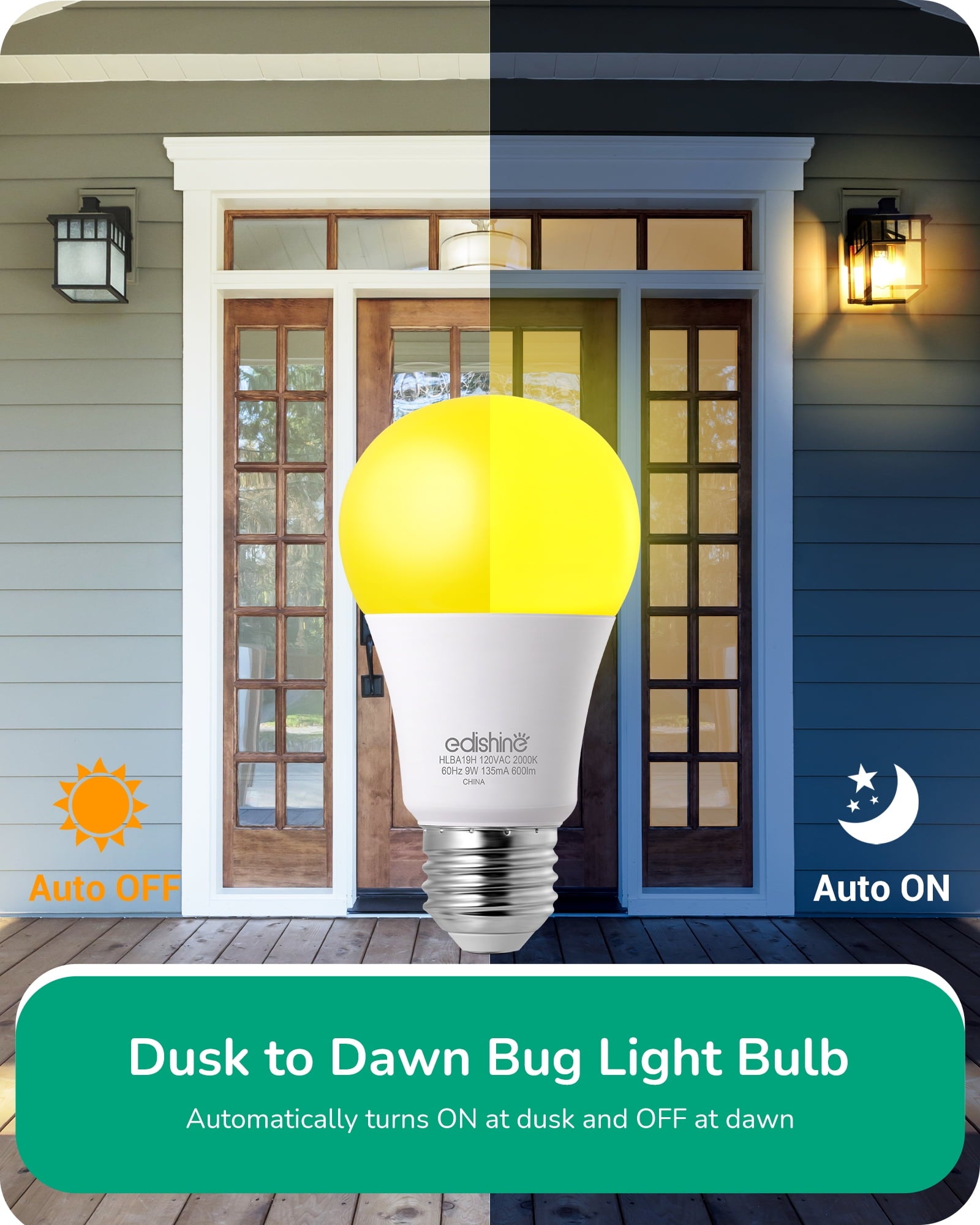 EDISHINE Yellow Amber Outdoor Light Bulbs Dusk to Dawn, Bug Light Dual Sensor A19 LED Bulbs 9W (60 Watt Equivalent) 600LM 2000K E26 Base 4-Pack