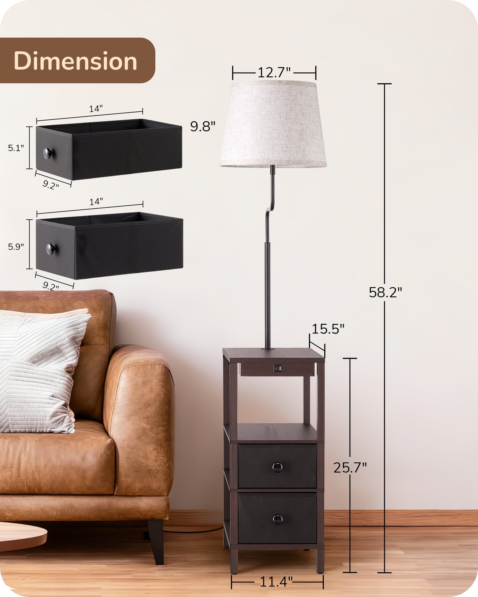 EDISHINE 62in Floor Lamps with Table for Living Room, USB-A+Type-C Port, Dimmable Bedside Floor Lamp with Shelves, Farmhouse Remote Nightstand Light for Living Room, Bedroom, Den, Office, Kids Room,