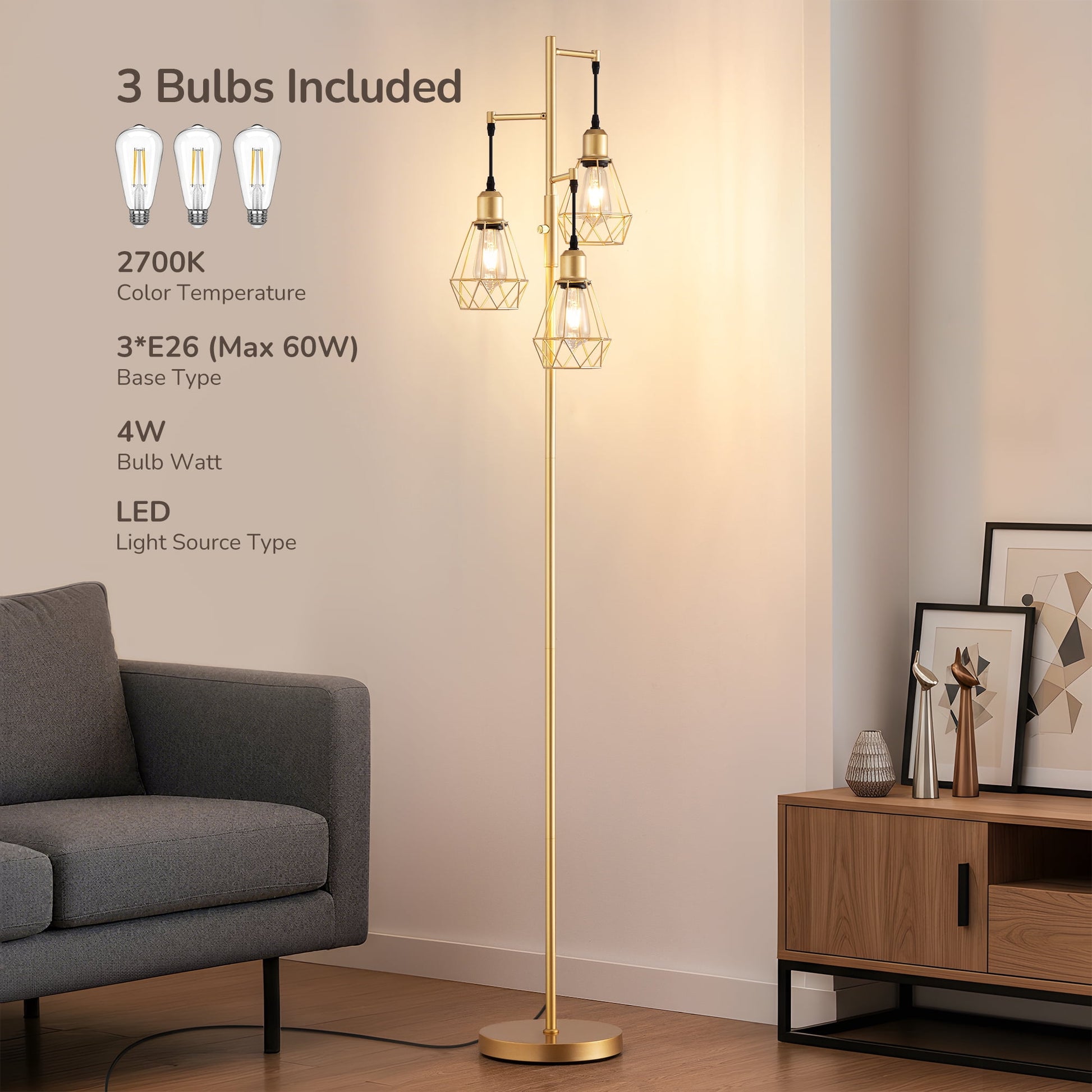 EDISHINE 70IN Farmhouse Industrial Floor Lamps for Living Room, Dimmable, Metal Standing Tree Lamp for Bedroom, Office, Home Decor, Lighting, 3 LED Edison Bulbs Included, Gold