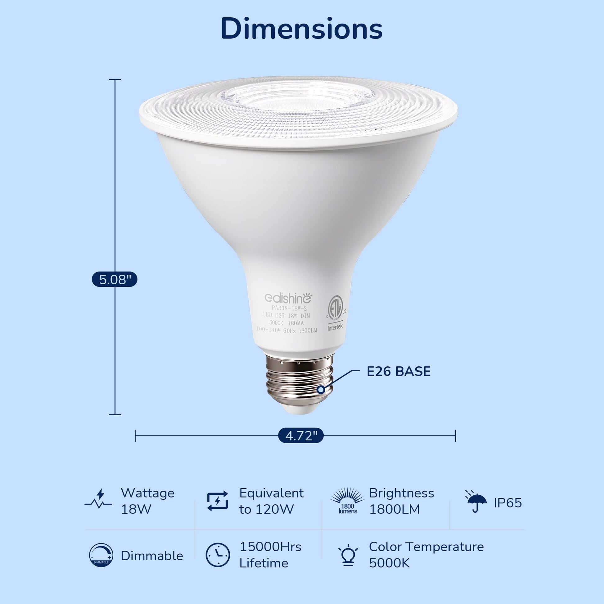 EDISHINE 4 Pack LED PAR38 Outdoor Flood Light Bulbs, 18W (120W Equivalent), 5000K Daylight, Dimmable Waterproof Flood Light Bulbs, E26 Base, 1800 Lumen for Yard Porch Driveway, ETL Listed
