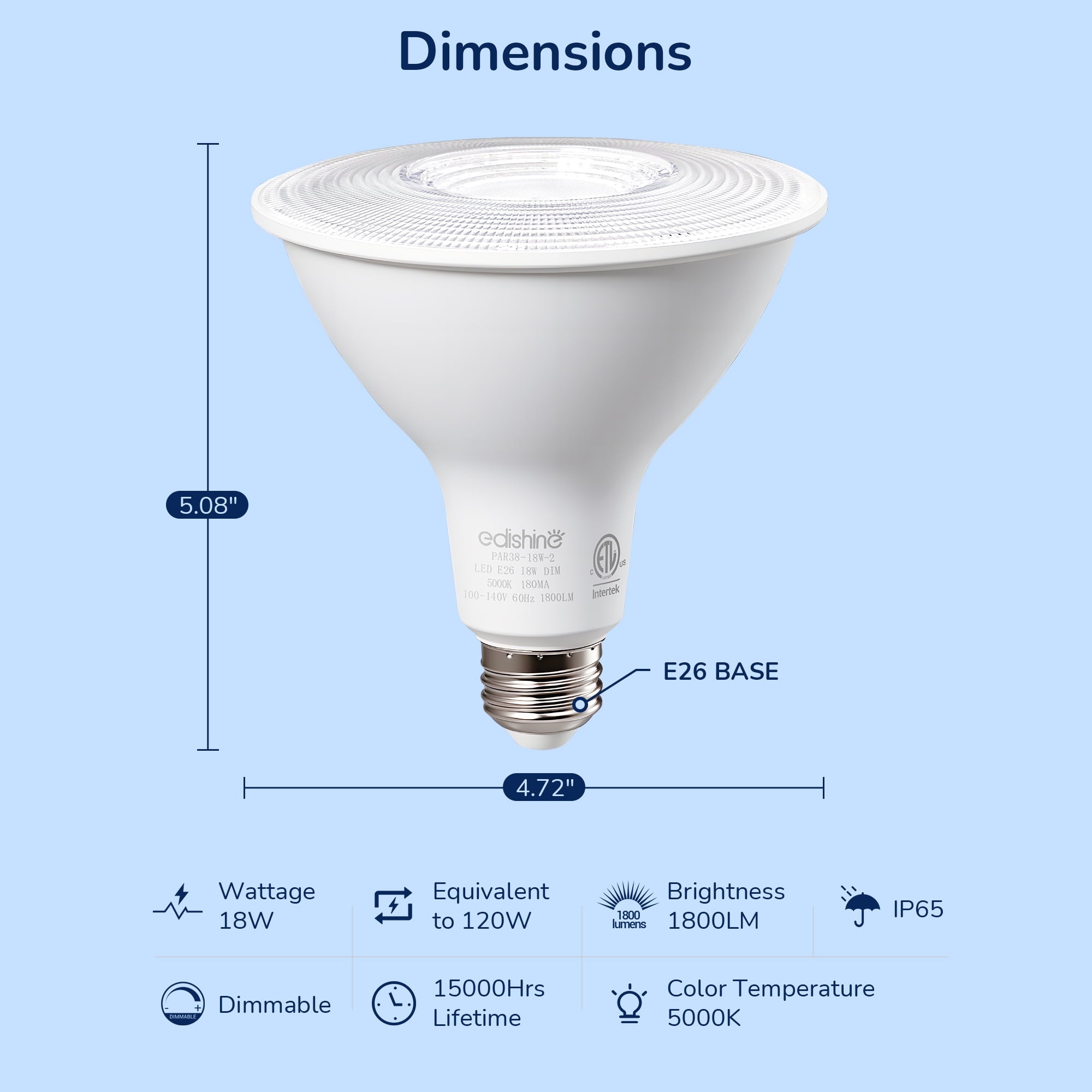 EDISHINE 4 Pack LED PAR38 Outdoor Flood Light Bulbs, 18W (120W Equivalent), 5000K Daylight, Dimmable Waterproof Flood Light Bulbs, E26 Base, 1800 Lumen for Yard Porch Driveway, ETL Listed