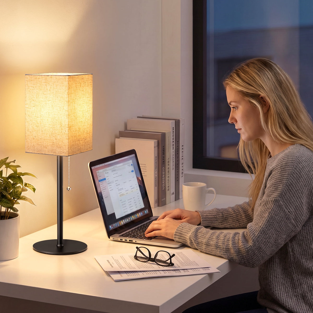 EDISHINE 19" Modern Table Lamp, Rectangular Lampshade, Set of 2, Pull Chain Switch, Nightstand Lamp for Living Room Bedroom