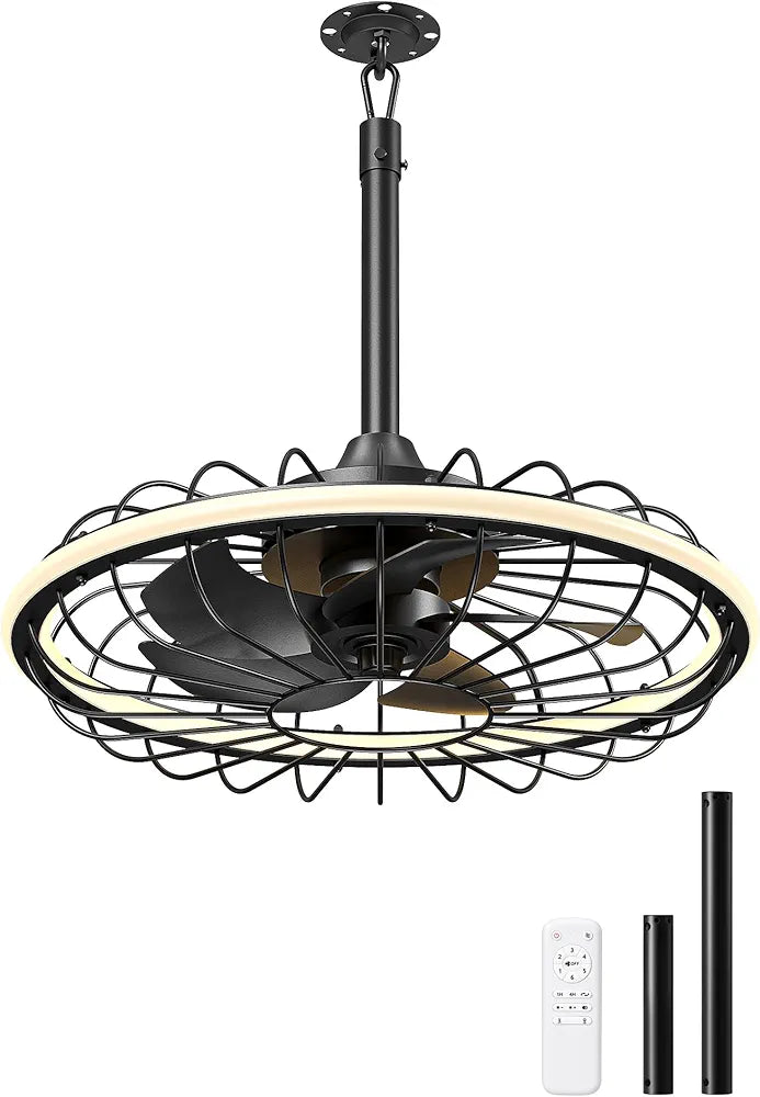 EDISHINE 20" Outdoor Ceiling Fan with Light, 3CCT Dimmable Waterproof Caged Fan Remote, 5 Blades 6 Wind Speeds Reversible DC Motor, Plug in Hanging Hook Quiet Gazebo Fans for Patios, Porch, Pergola