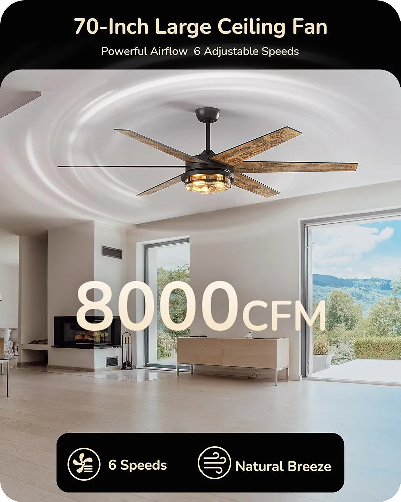 EDISHINE 70" Large Farmhouse Ceiling Fans with Lights and Remote, 8000CFM Indoor Black Ceiling Fan for Living Room Patio Office, Dimmable 6 Speed Reversible Quiet DC Motor, Dual Finish 6 Blades