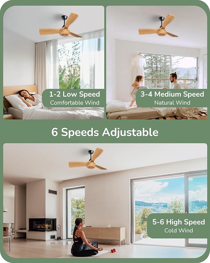 EDISHINE 42“ Boho Chic Ceiling Fans with Lights, Bamboo Cage, 3-ABS Blades, 10%-100% Dimmable, Timer, Remote Control, 6 Speeds, Indoor Quite Rattan Fan Ceiling for Living Room, Bedroom, Dining Room