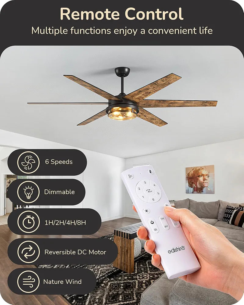 EDISHINE 70" Large Farmhouse Ceiling Fans with Lights and Remote, 8000CFM Indoor Black Ceiling Fan for Living Room Patio Office, Dimmable 6 Speed Reversible Quiet DC Motor, Dual Finish 6 Blades