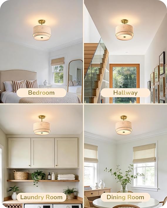 EDISHINE 12.6Inch Semi Flush Mount Ceiling Light, 3-Light Close to Ceiling Light Fixtures with Double Drum Linen Fabric Shade, Modern Mount Lamp for Bedroom Hallway Dining Room, Brushed Gold