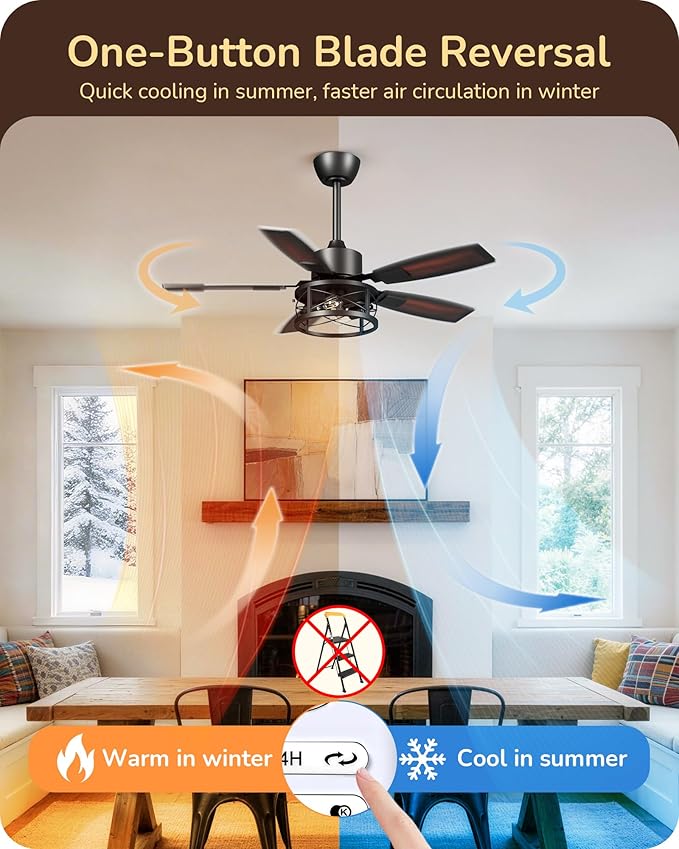 EDISHINE 42" Farmhouse Ceiling Fans with Lights and Remote, 10%-100% Dimmable, Reversible DC Motor, 6 Speed, 5 Wooden Blades, Timer, Rustic Caged Fandelier Ceiling Fan for Living Room, Bedroom