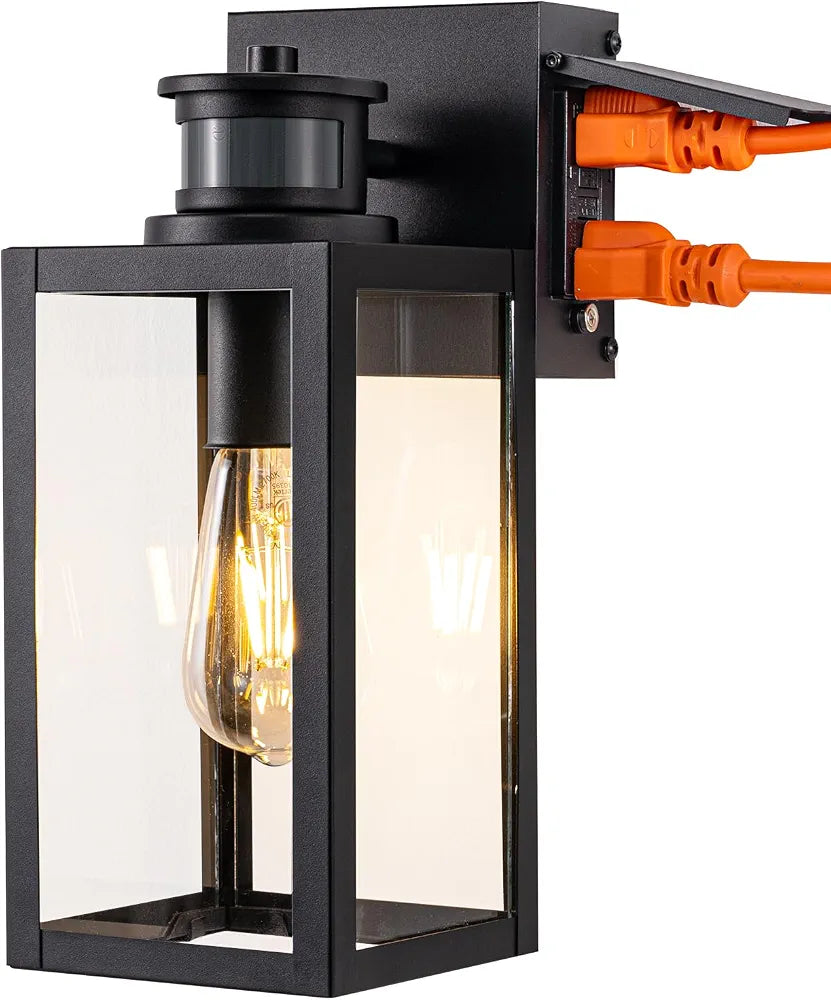 EDISHINE Black Motion Sensor Dusk to Dawn Outdoor Wall Light with Outlet