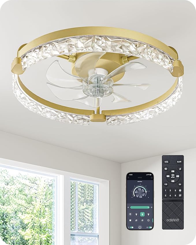 EDISHINE 20'' Ceiling Fans with Lights and Remote, Low Profile Flush Mount Fandelier, 3000-6000K Dimmable, 6 Speeds, DC Motor, LED Modern Bladeless Fan Light for Bedroom, Living Room, White