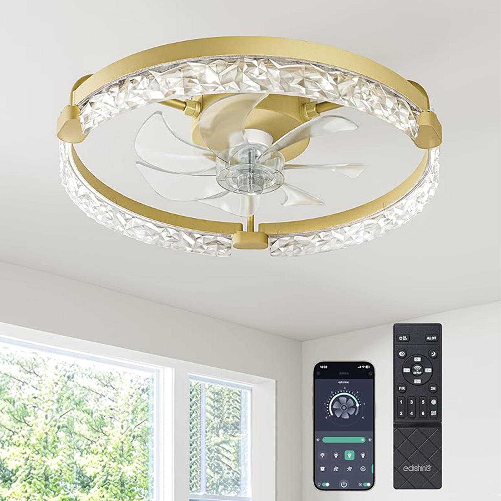 EDISHINE Ceiling Fans with Lights, 20'' Low Profile Flush Mount Fandelier, 3000-6000K Dimmable, 6 Speeds, App & Remote Control, DC Motor, LED Modern Bladeless Fan Light for Bedroom, Gold