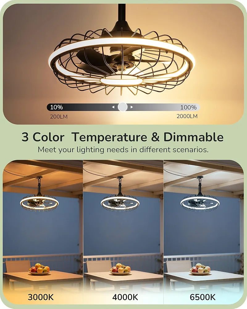 EDISHINE 20" Outdoor Ceiling Fan with Light, 3CCT Dimmable Waterproof Caged Fan Remote, 5 Blades 6 Wind Speeds Reversible DC Motor, Plug in Hanging Hook Quiet Gazebo Fans for Patios, Porch, Pergola