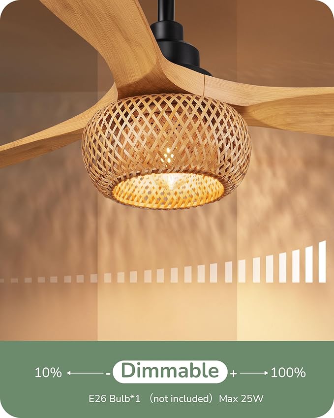 EDISHINE 42“ Boho Chic Ceiling Fans with Lights, Bamboo Cage, 3-ABS Blades, 10%-100% Dimmable, Timer, Remote Control, 6 Speeds, Indoor Quite Rattan Fan Ceiling for Living Room, Bedroom, Dining Room