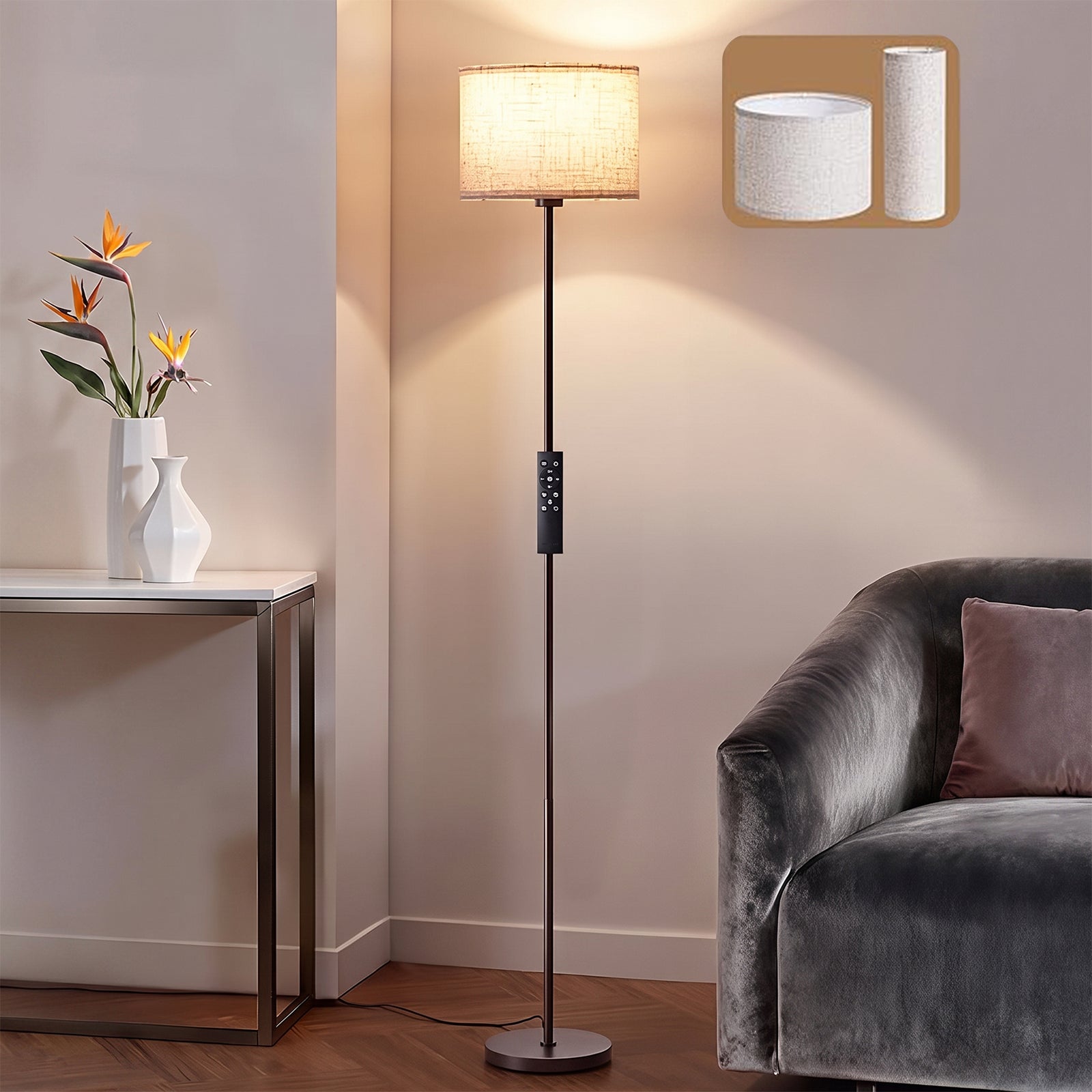 EDISHINE Dual Shades Floor Lamp with Foot Switch, Dimmable Floor Standing Lamp with 9W LED A19 Light Bulb, Remote Custom Color Temperature Pole for Living Room, Bedroom, Office, E26