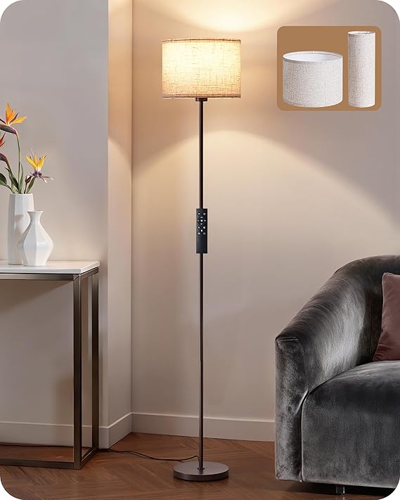EDISHINE Dual Shades Floor Lamp with Foot Switch, Dimmable Floor Standing Lamp with 9W LED A19 Light Bulb, Remote Custom Color Temperature Pole for Living Room, Bedroom, Office, E26, Brown