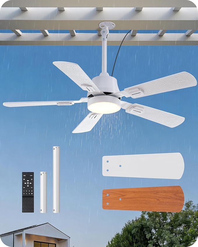 EDISHINE 42" Outdoor Ceiling Fan with Light, IP66 Waterproof Gazebo Hanging Fan, 4800 CFM, 3CCT, APP/Remote Control, 5 Wood Blade, 6-Speed Winds, Plug in Ceiling Fans for Patios Porch Pergola, White