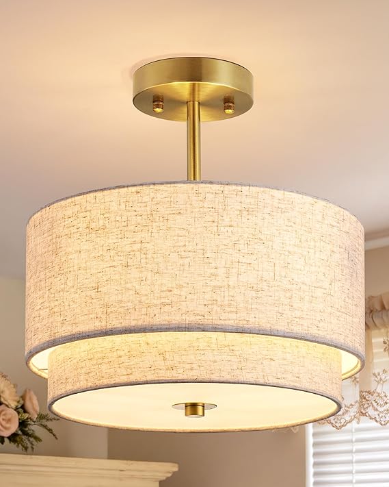EDISHINE 12.6Inch Semi Flush Mount Ceiling Light, 3-Light Close to Ceiling Light Fixtures with Double Drum Linen Fabric Shade, Modern Mount Lamp for Bedroom Hallway Dining Room, Brushed Gold
