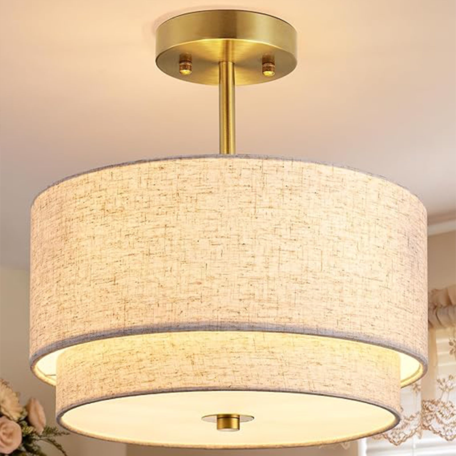 12.6" Semi Flush Mount Ceiling Light, 3-Light Close to Ceiling Light Fixtures with Double Drum Linen Fabric Shade
