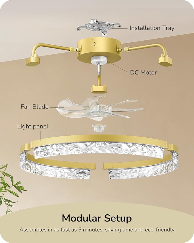 EDISHINE Ceiling Fans with Lights, 20'' Low Profile Flush Mount Fandelier, 3000-6000K Dimmable, 6 Speeds, App & Remote Control, DC Motor, LED Modern Bladeless Fan Light for Bedroom, Gold