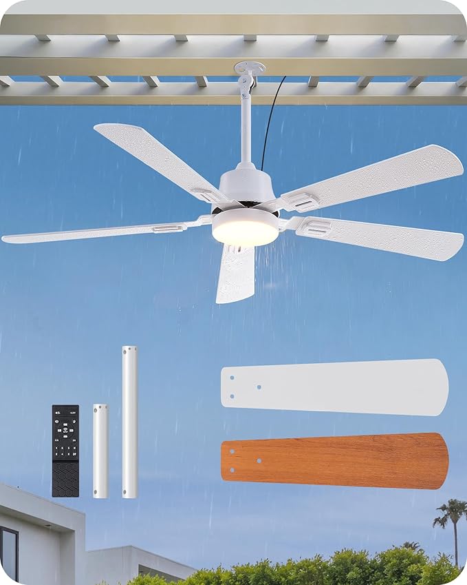 EDISHINE 52" Outdoor Ceiling Fan with Light, IP66 Waterproof Gazebo Hanging Fan, 5200 CFM, 3CCT, APP/Remote Control, 5 Wood Blade, 6-Speed Winds, Plug in Ceiling Fans for Patios Porch Pergola, White