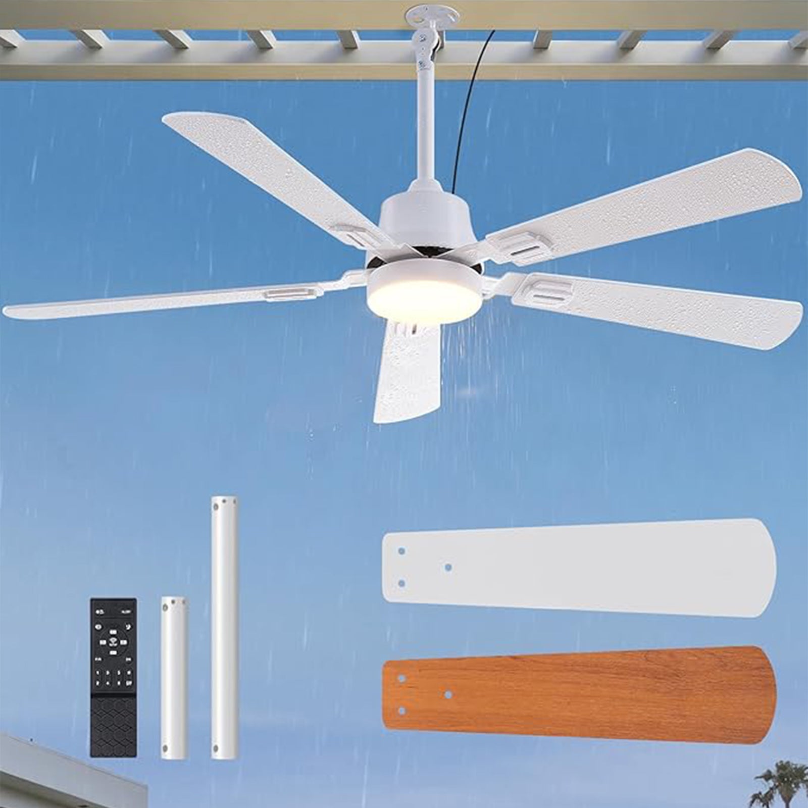 42" Outdoor Ceiling Fan with Light, IP66 Waterproof Gazebo Hanging Fan, White