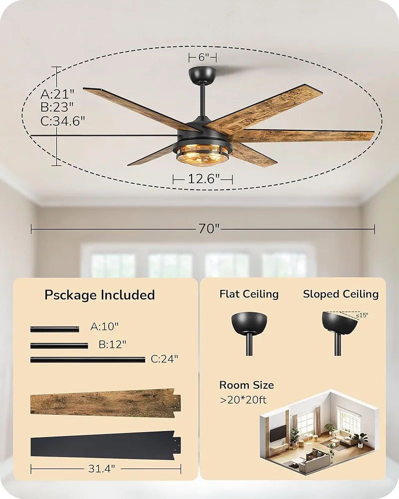 EDISHINE 70" Large Farmhouse Ceiling Fans with Lights and Remote, 8000CFM Indoor Black Ceiling Fan for Living Room Patio Office, Dimmable 6 Speed Reversible Quiet DC Motor, Dual Finish 6 Blades