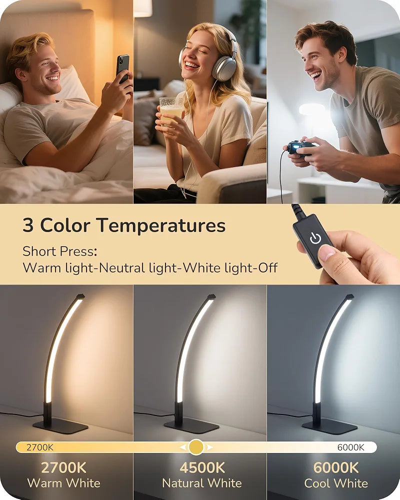 EDISHINE Curved LED Table Lamp, Modern Bedside Lamps for Bedroom, Black