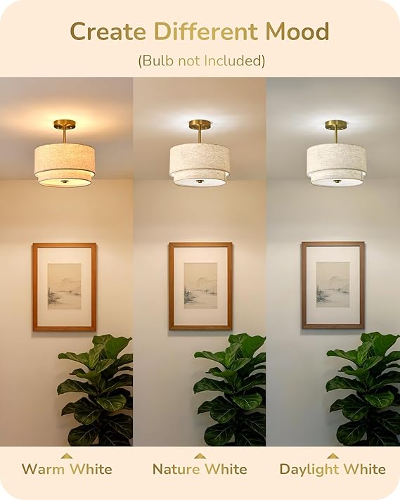 EDISHINE 12.6Inch Semi Flush Mount Ceiling Light, 3-Light Close to Ceiling Light Fixtures with Double Drum Linen Fabric Shade, Modern Mount Lamp for Bedroom Hallway Dining Room, Brushed Gold
