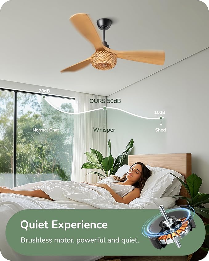 EDISHINE 42“ Boho Chic Ceiling Fans with Lights, Bamboo Cage, 3-ABS Blades, 10%-100% Dimmable, Timer, Remote Control, 6 Speeds, Indoor Quite Rattan Fan Ceiling for Living Room, Bedroom, Dining Room