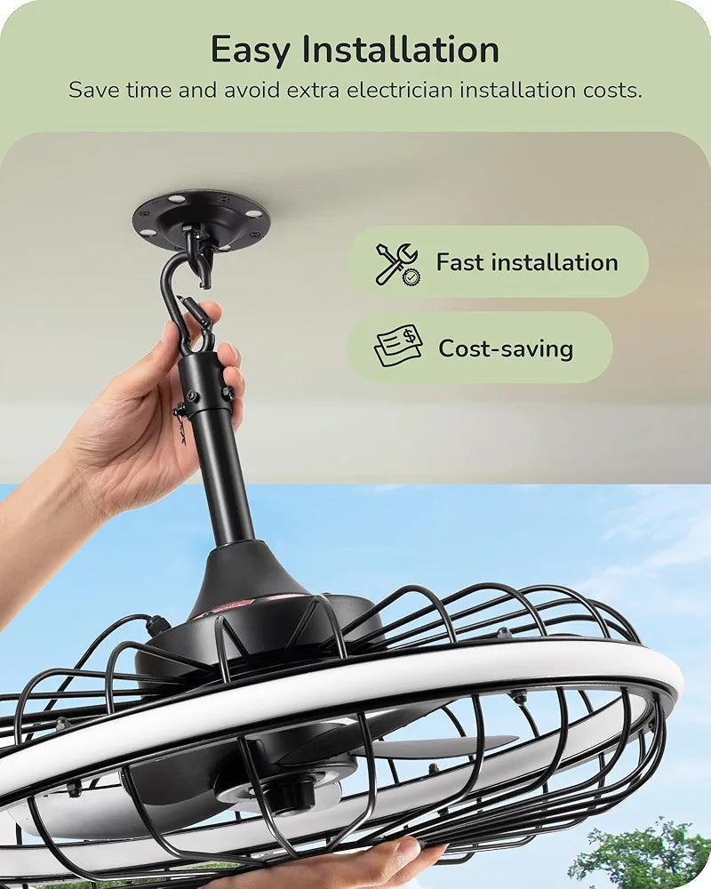 EDISHINE 20" Outdoor Ceiling Fan with Light, 3CCT Dimmable Waterproof Caged Fan Remote, 5 Blades 6 Wind Speeds Reversible DC Motor, Plug in Hanging Hook Quiet Gazebo Fans for Patios, Porch, Pergola