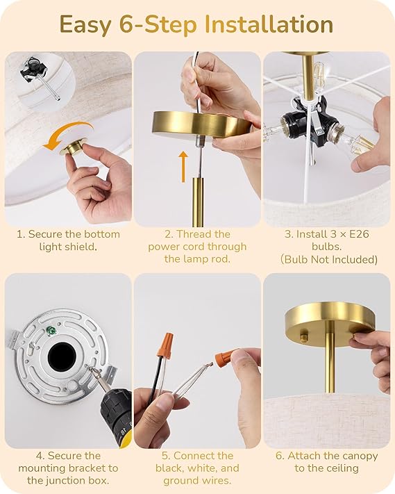 EDISHINE 12.6Inch Semi Flush Mount Ceiling Light, 3-Light Close to Ceiling Light Fixtures with Double Drum Linen Fabric Shade, Modern Mount Lamp for Bedroom Hallway Dining Room, Brushed Gold