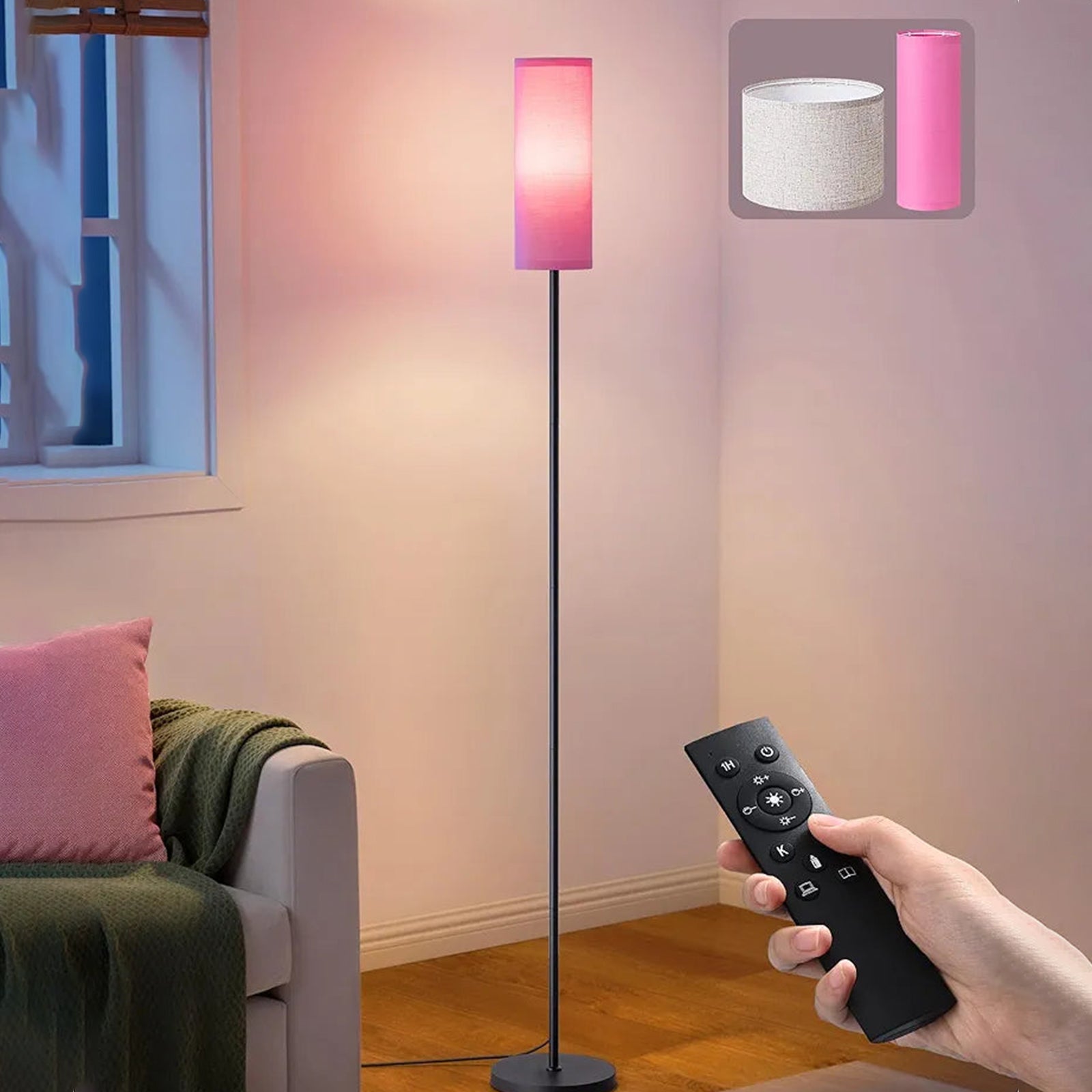 EDISHINE Modern Floor Lamps for Living Room, 63.7" Colorful Floor Lamp with Two Shades, Remote Control Foot Switch, 2700-6000K Dimmable Minimalist Standing Lamp for Bedroom, 9W Bulb Included