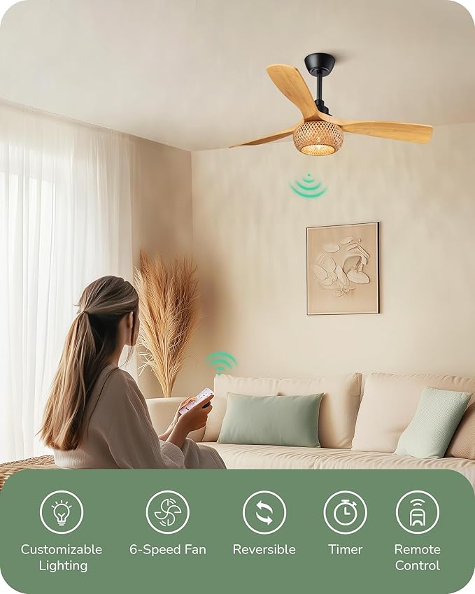 EDISHINE 42“ Boho Chic Ceiling Fans with Lights, Bamboo Cage, 3-ABS Blades, 10%-100% Dimmable, Timer, Remote Control, 6 Speeds, Indoor Quite Rattan Fan Ceiling for Living Room, Bedroom, Dining Room