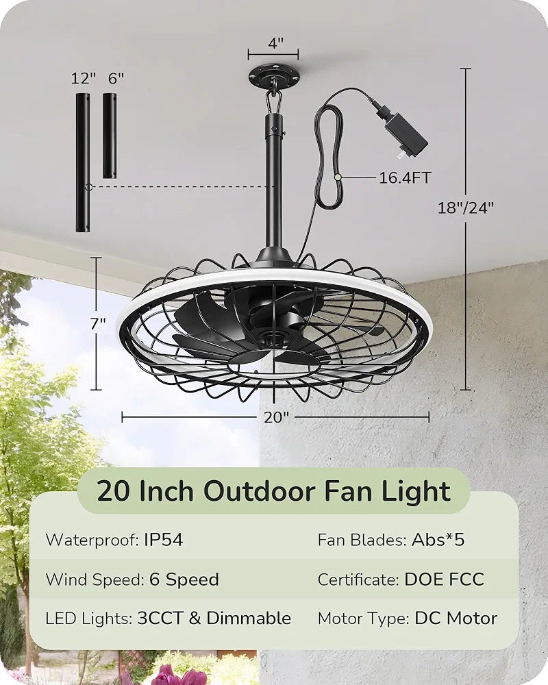 EDISHINE 20" Outdoor Ceiling Fan with Light, 3CCT Dimmable Waterproof Caged Fan Remote, 5 Blades 6 Wind Speeds Reversible DC Motor, Plug in Hanging Hook Quiet Gazebo Fans for Patios, Porch, Pergola