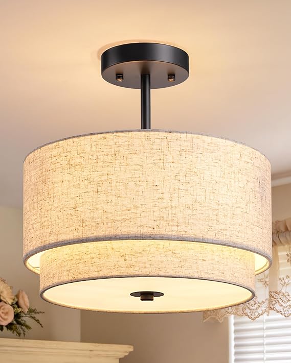EDISHINE 12.6Inch Semi Flush Mount Ceiling Light, 3-Light Close to Ceiling Light Fixtures with Double Drum Linen Fabric Shade, Modern Mount Lamp for Bedroom Hallway Dining Room, Brushed Gold
