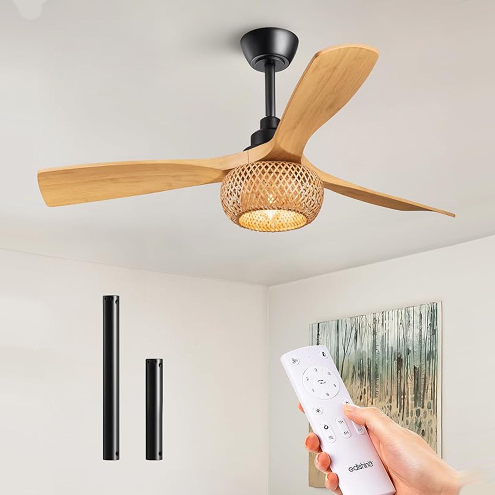 42“ Boho Chic Ceiling Fans with Lights, Bamboo Cage, 3-ABS Blades