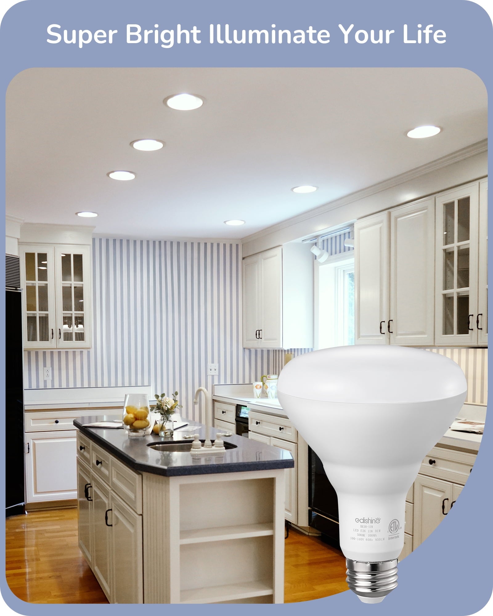 EDISHINE 6 Pack BR30 LED Light Bulbs, 65W Equivalent, 11W, 850LM, 5000K Daylight, Dimmable, Recessed Can Light Bulbs for Ceiling, Recessed Can, Living Room and Kitchen, E26 Base
