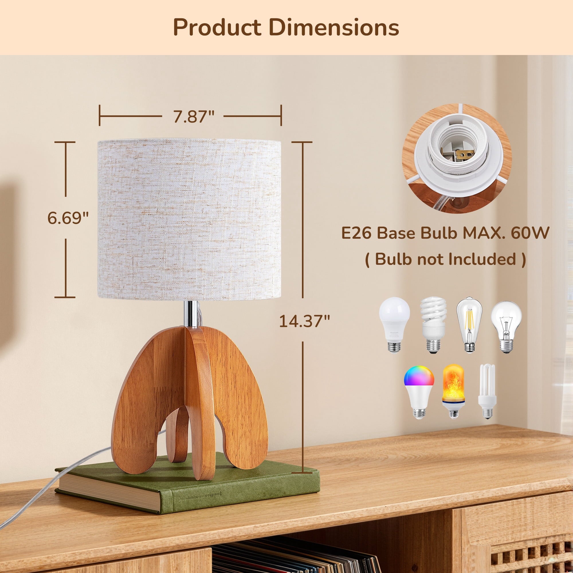 EDISHINE Modern Table Lamp with Rose Wood Finish Base, Soft Light Bedside Lamp for Bedroom, Living Room
