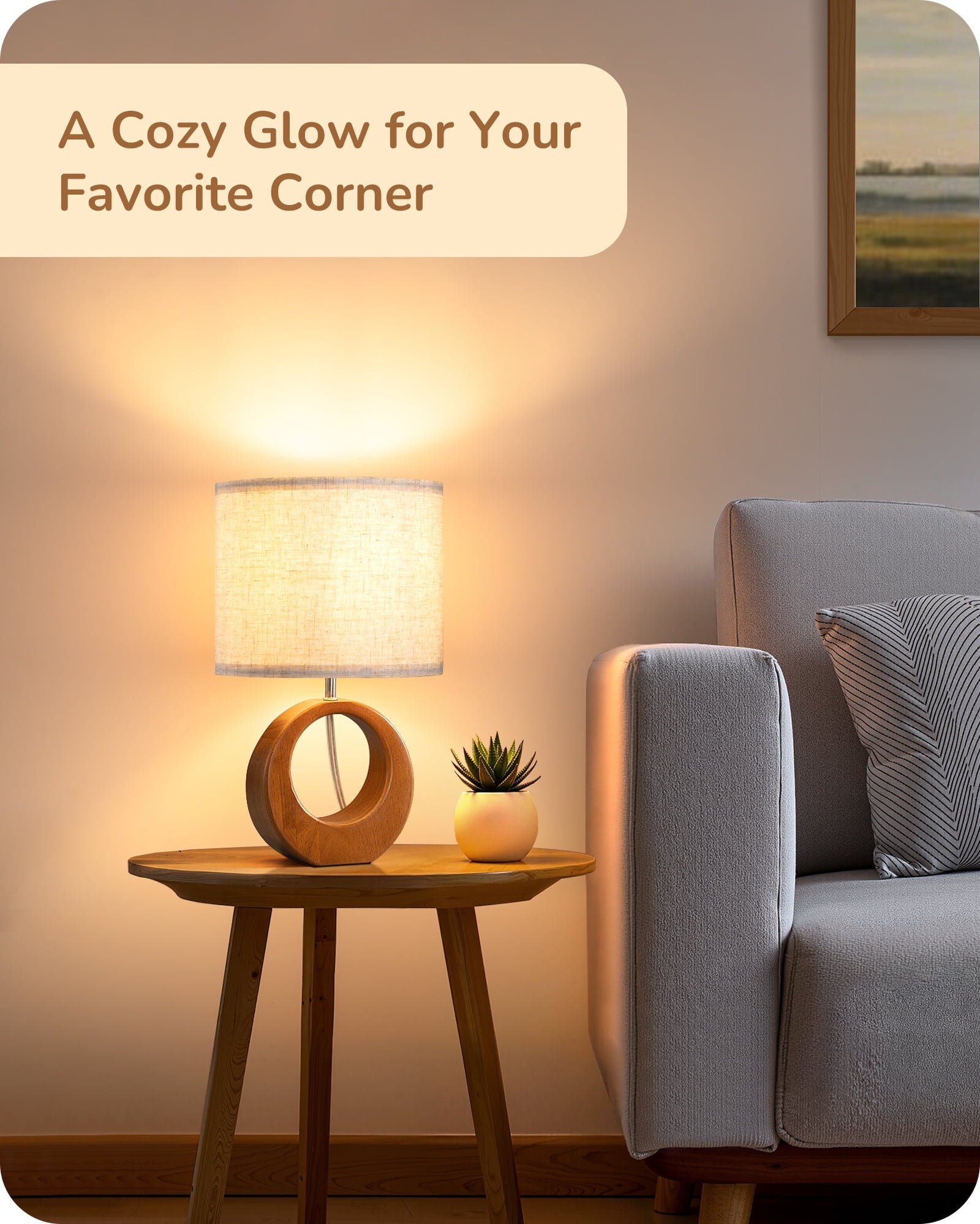 EDISHINE Small Table Lamp, Wood Nightstand Lamp with Beige Linen Lampshade & ON-Off Switch, E26 Base, Boho Bedside Lamp for Living Room, Bedroom, Dark Pearwood