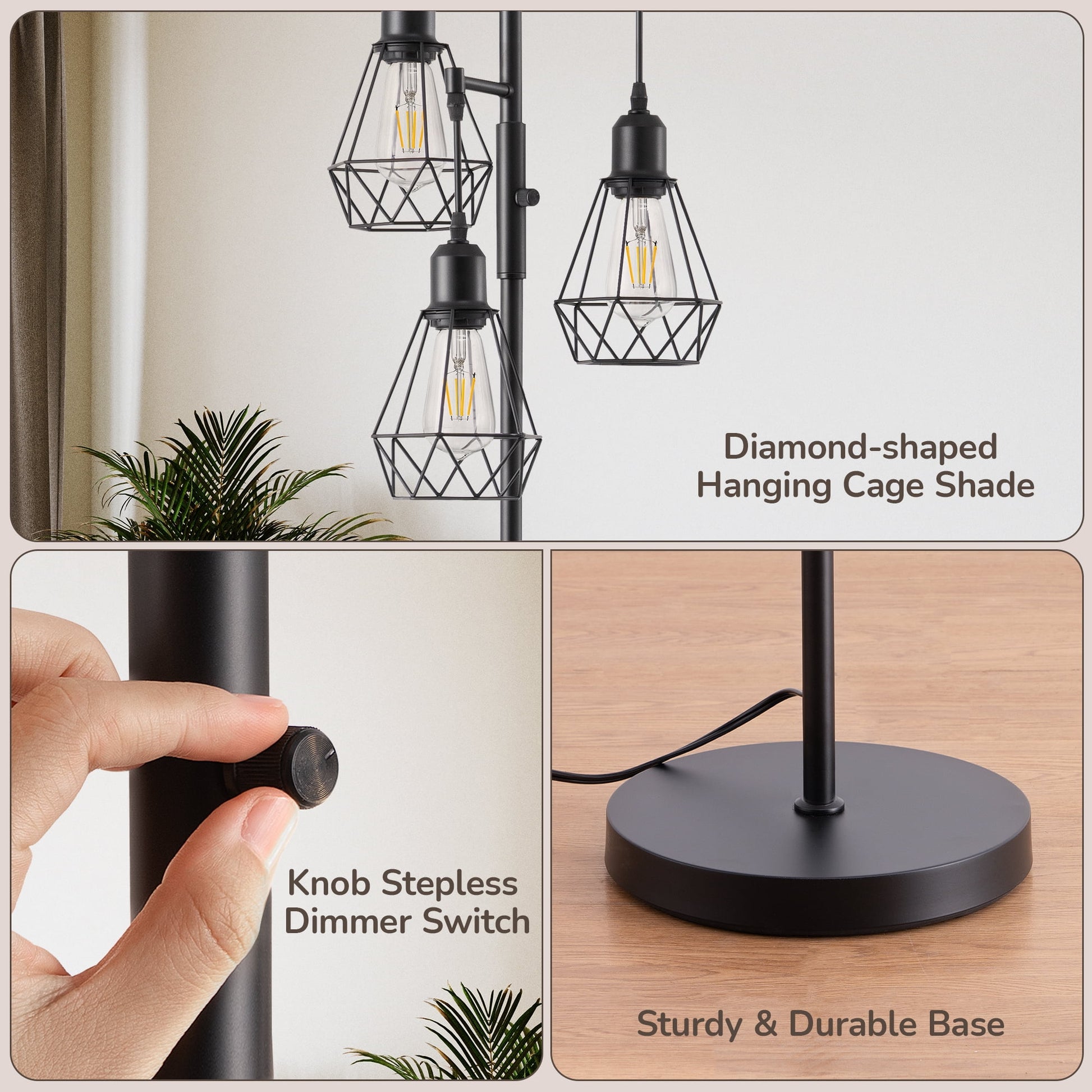 EDISHINE 70IN Farmhouse Industrial Floor Lamps for Living Room, Dimmable, Metal Standing Tree Lamp for Bedroom, Office, Home Decor, Lighting, 3 LED Edison Bulbs Included, Black
