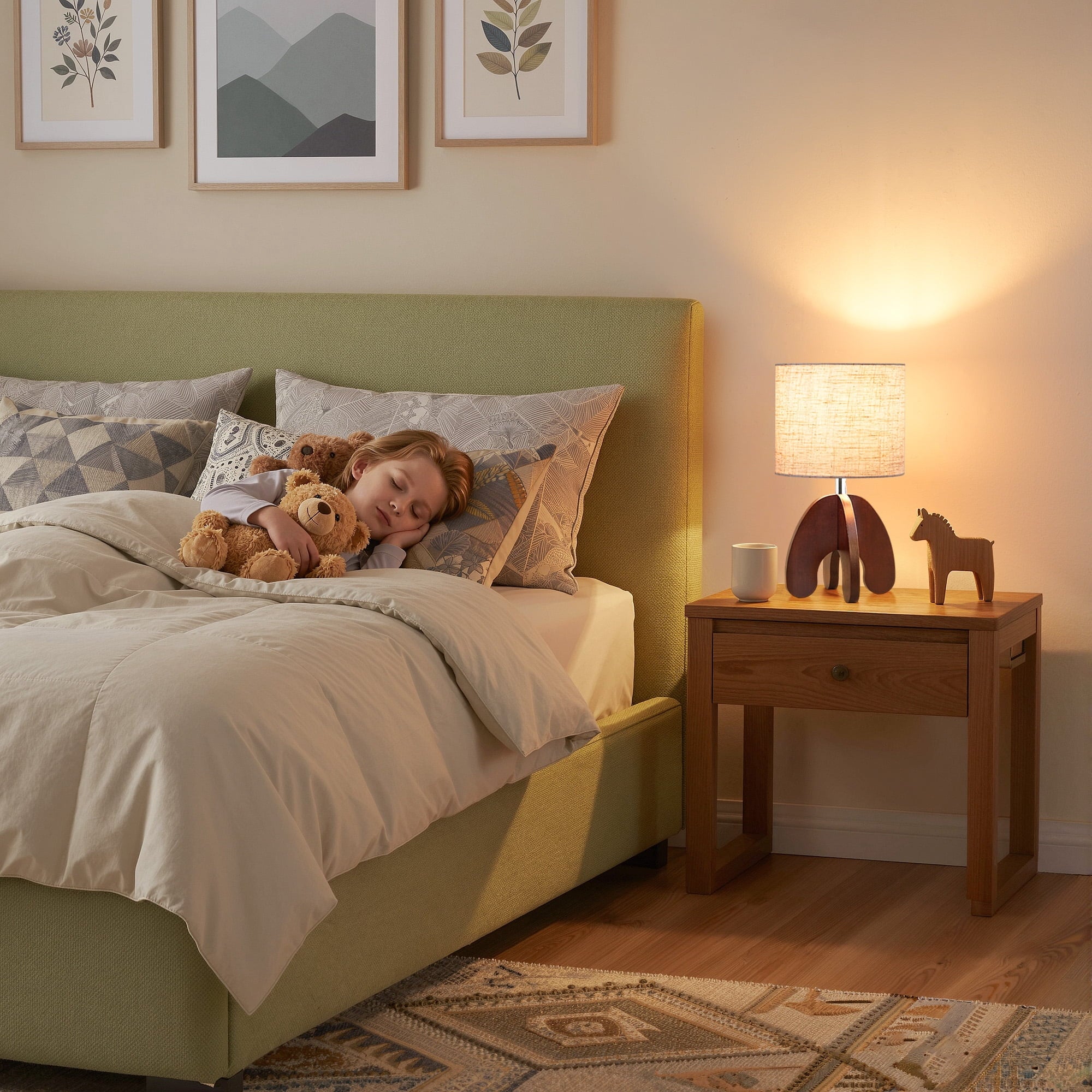 EDISHINE Modern Table Lamp with Walnut Wood Base, Soft Light Bedside Lamp for Bedroom, Living Room